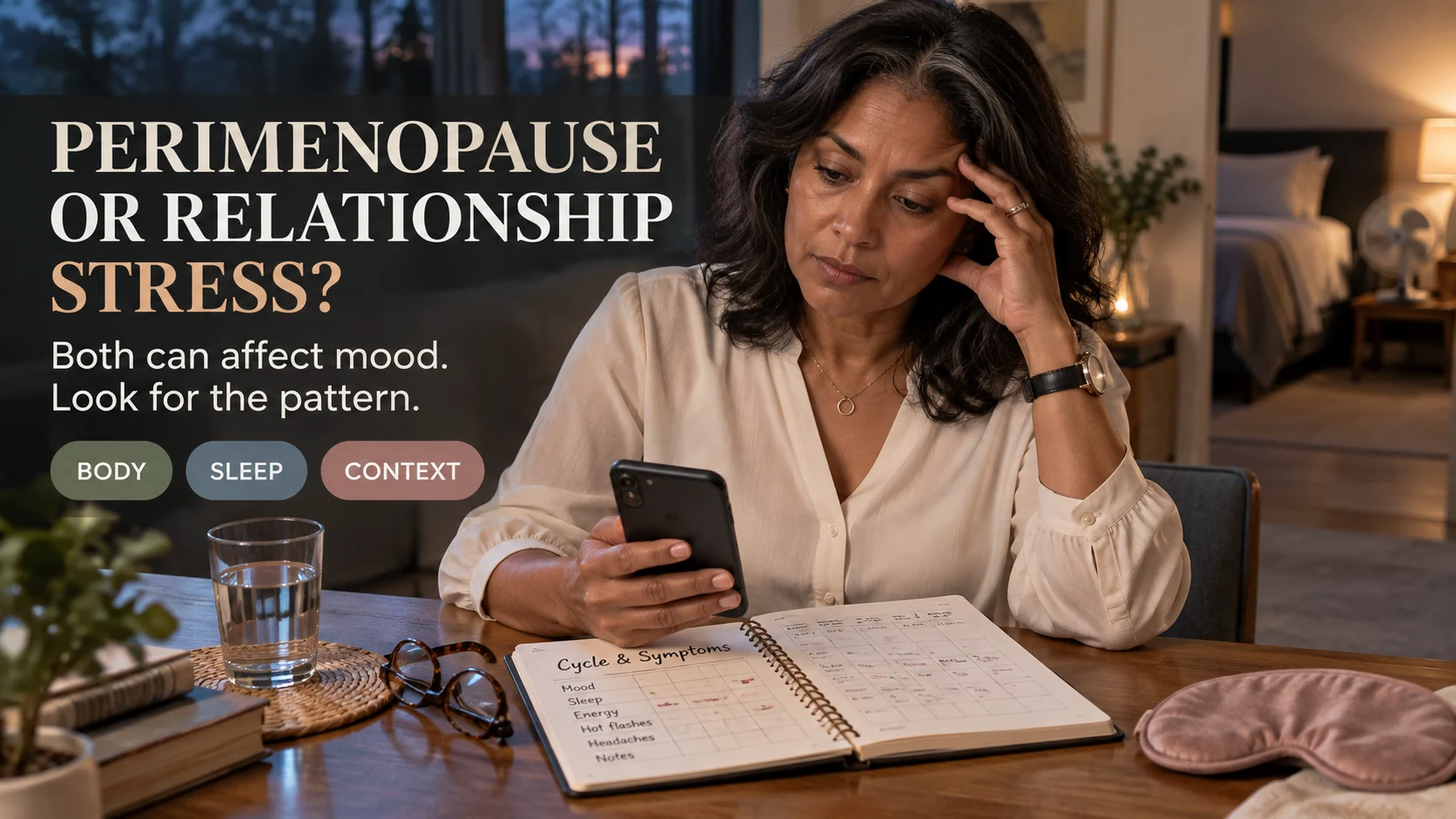 Middle-aged woman reviewing a symptom and cycle journal beside her phone, with a headline asking whether changes fit perimenopause or relationship stress.