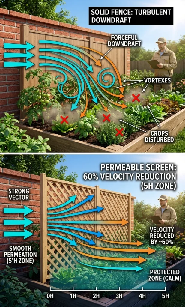 Side-by-side comparison of solid fence turbulence versus permeable windbreak filtered airflow in a garden.
