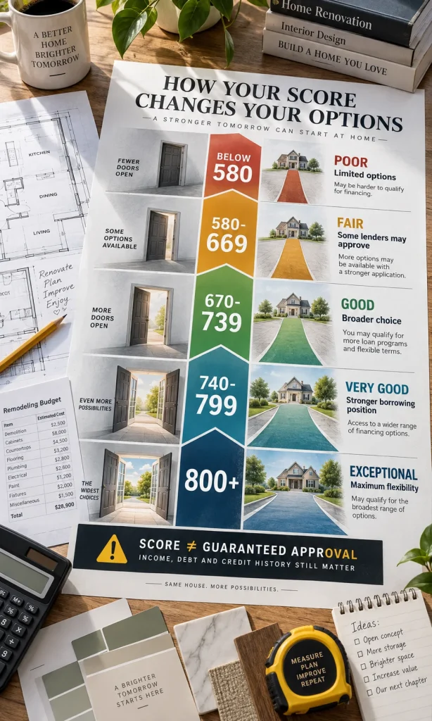 Credit score ladder from below 580 through 800 and above showing how personal-loan choices generally improve as credit scores rise.