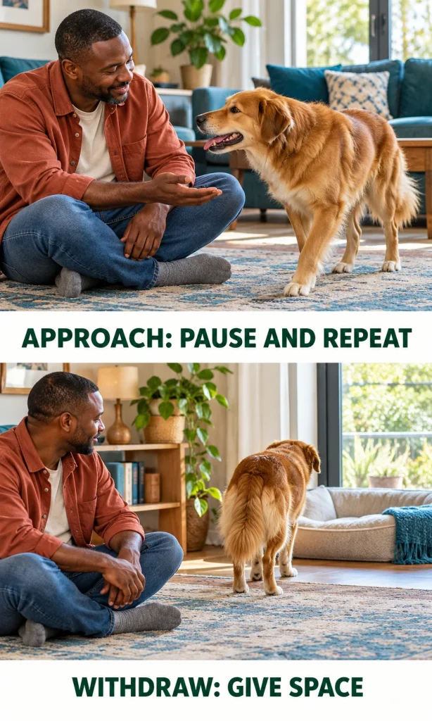 Calm dog near a seated person beside a clearly separated dog retreating to a safe space.