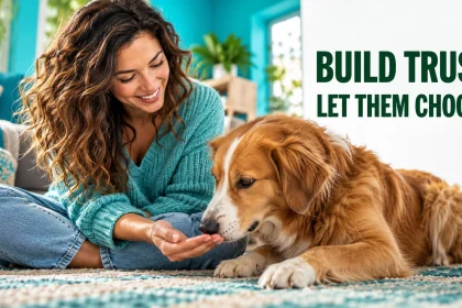 Woman gently strokes a relaxed dog that has chosen to lie beside her.