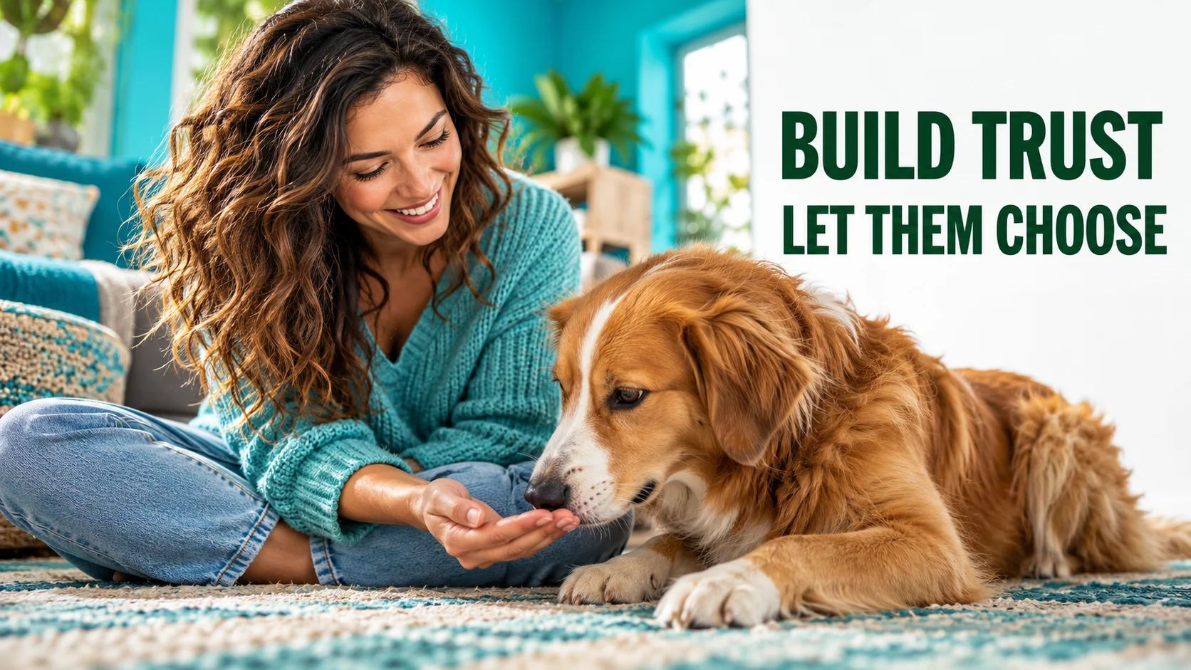 Woman gently strokes a relaxed dog that has chosen to lie beside her.