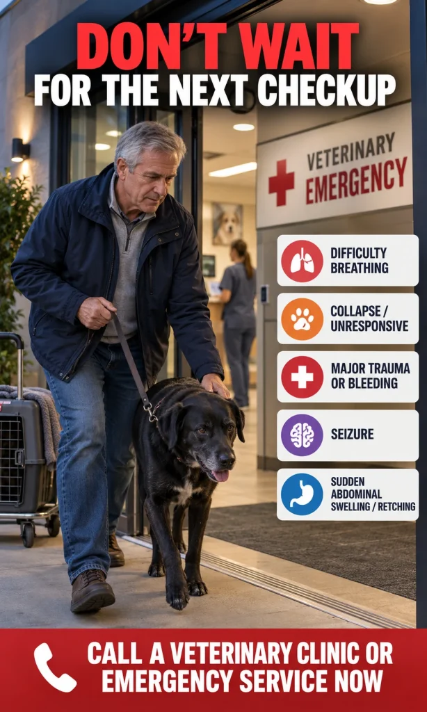 Pet owner arriving at an emergency veterinary clinic beside warning signs including breathing difficulty, collapse, major trauma or bleeding, seizure, and sudden abdominal swelling
