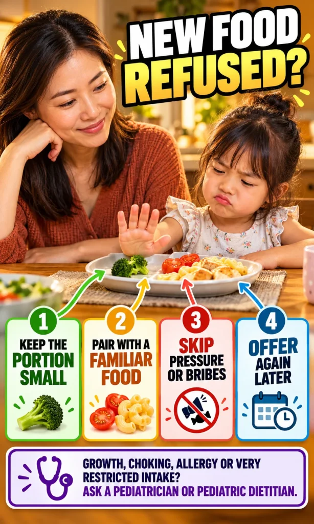 Caregiver calmly responding to a child's refused new food with a low-pressure decision path and a red-flag note for professional help.