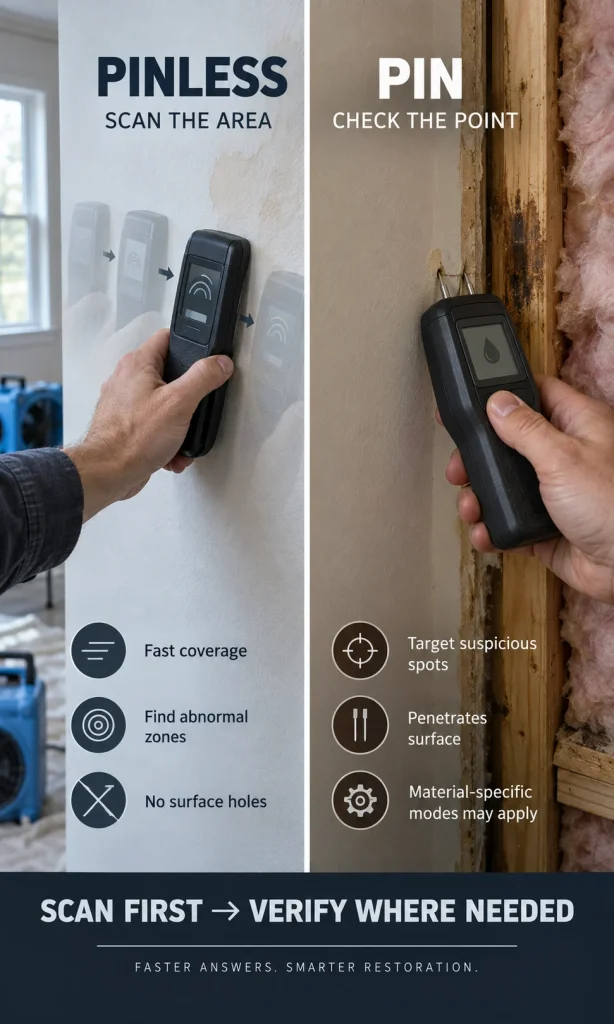 Side-by-side comparison showing a pinless meter scanning a wall for moisture and a pin meter confirming a specific suspicious location.