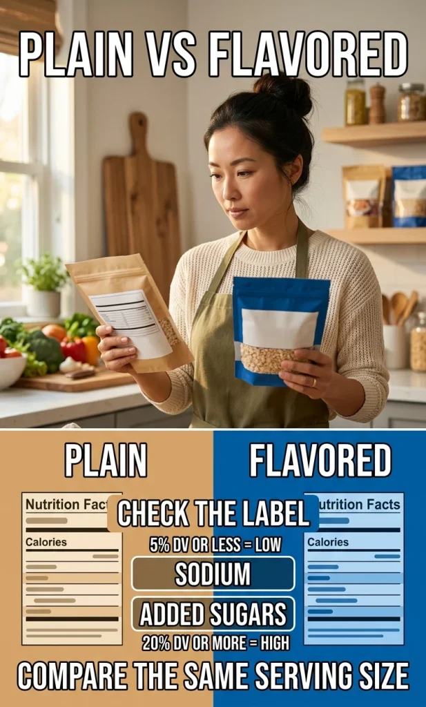 Side-by-side oatmeal comparison showing plain and flavored choices with sodium and added-sugar label checks.