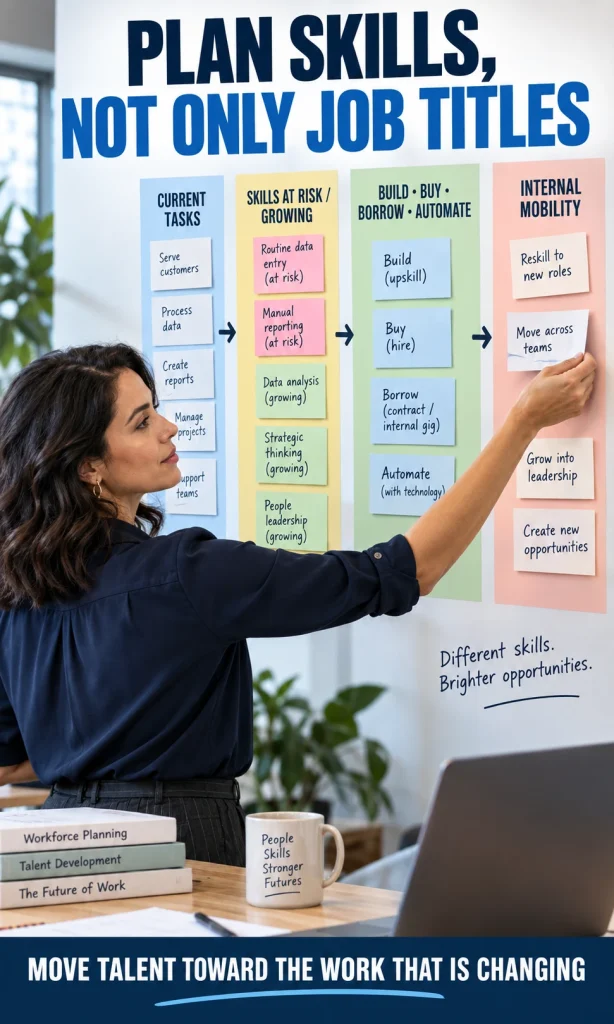 HR strategist mapping current tasks, changing skills, workforce supply choices and internal mobility on a planning wall.