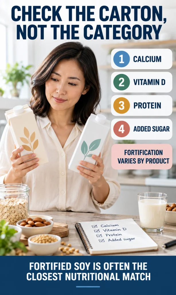 Woman comparing two plant milk cartons with a checklist for calcium, vitamin D, protein and added sugar