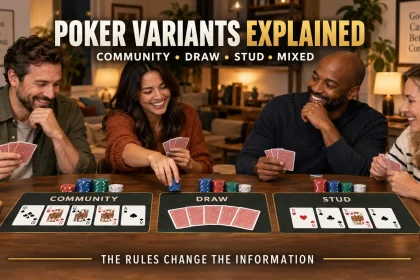 Poker table showing community cards, private cards and chips representing several poker variant structures