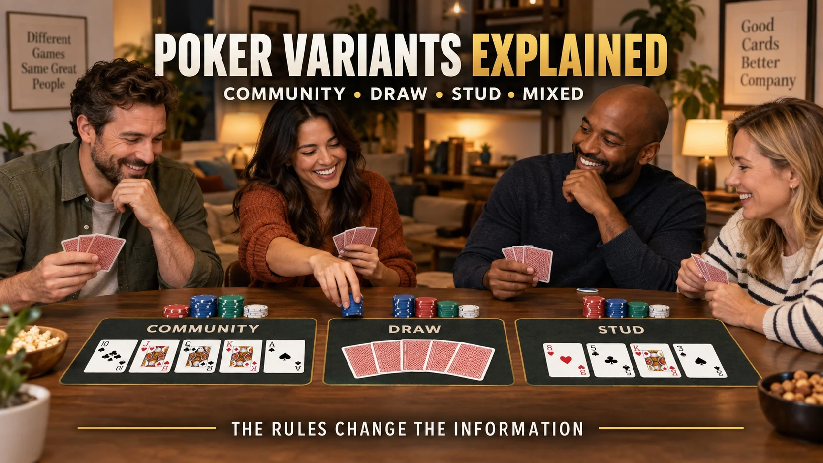 Poker table showing community cards, private cards and chips representing several poker variant structures