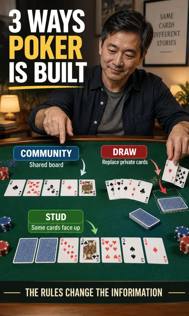 Three poker structures showing community cards, draw replacement, and stud exposed cards