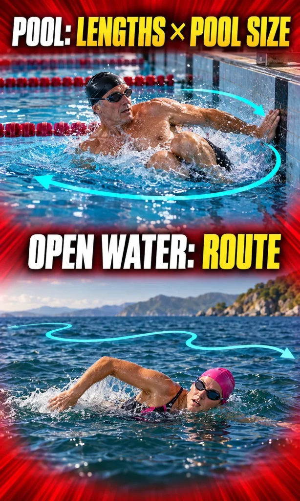 Pool swimmer approaching a wall with a length-count annotation contrasted with an open-water route measurement.