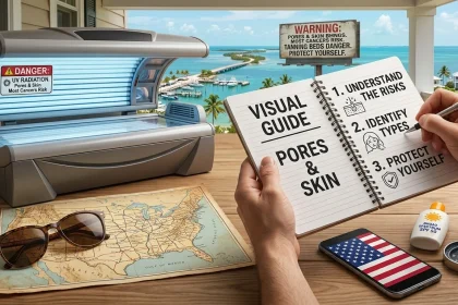 A 16:9 feature image in an American style showing a wide-angle photograph from a porch. On a wooden table, hands are visible writing in a notebook that says "VISUAL GUIDE" with a list: "1. UNDERSTAND THE RISKS", "2. IDENTIFY TYPES", "3. PROTECT YOURSELF". Also on the table are a map of the Florida Keys, sunglasses, a smartphone, a compass, and SPF 50 sunscreen. The background features a large, sun-drenched Florida Keys coastal landscape with islands, turquoise water, boats, and a large weathered wooden billboard in the distance that reads: "WARNING: PORES & SKIN MOST CANCERS RISK. TANNING BEDS DANGER. PROTECT YOURSELF." The entire scene is in full view.