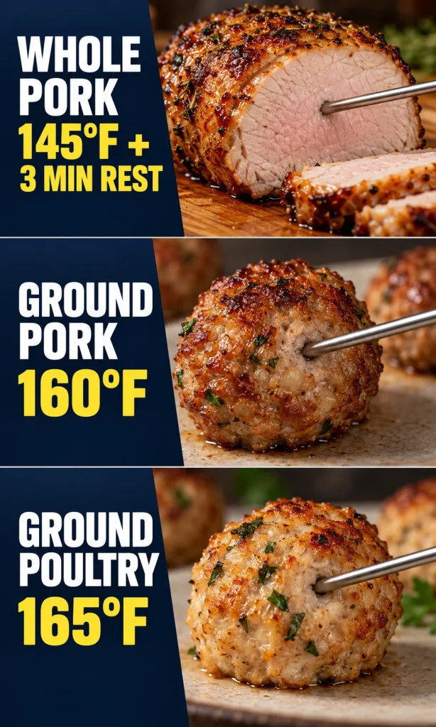 Food thermometer in whole pork cut and raw ground-meat meatball with separate temperatures