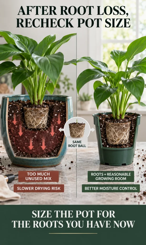 Comparison showing why a smaller root system may need a smaller pot after root rot pruning
