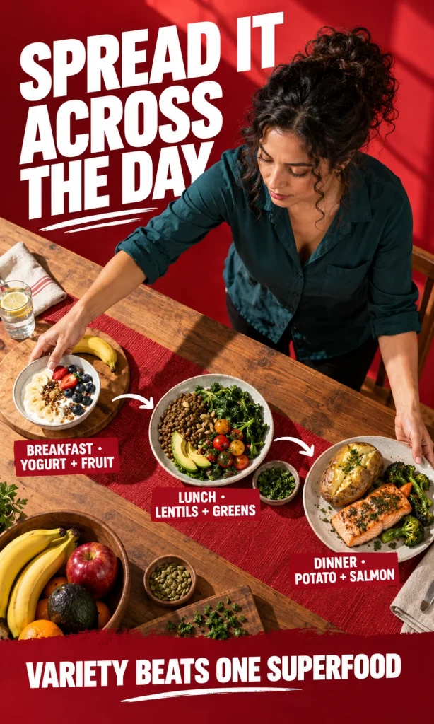 High-angle editorial food scene showing potassium-rich choices distributed across breakfast, lunch and dinner