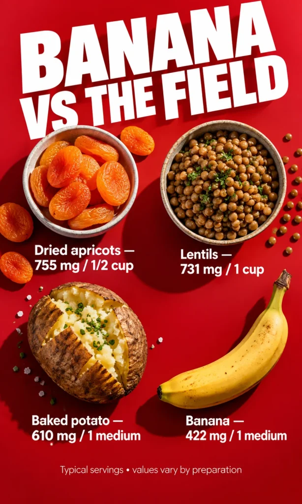 Vertical comparison of potassium in dried apricots, lentils, a baked potato and a medium banana using typical serving sizes