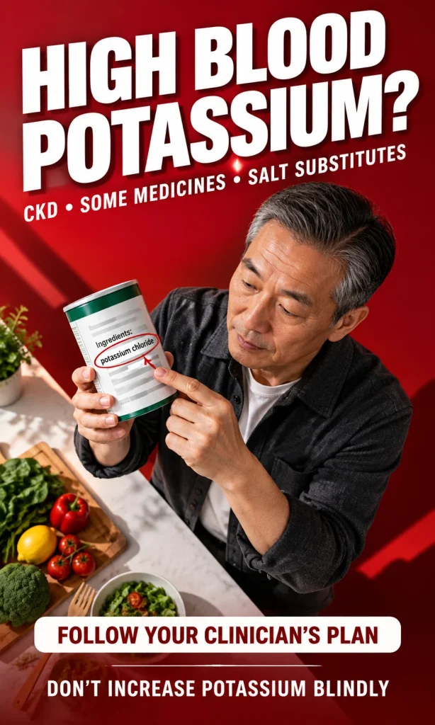 Vertical safety graphic showing an older adult checking a label for potassium chloride with CKD, medicine and salt-substitute warnings