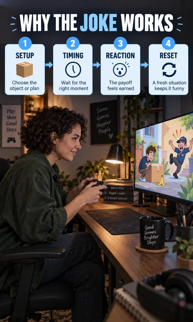 A player watches a prank-game scene with a four-step visual loop showing setup, timing, reaction, and reset.