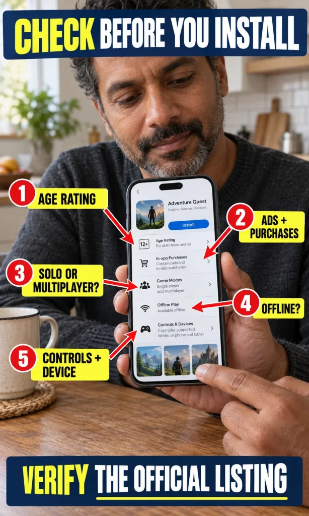 A generic game store listing is annotated with checkpoints for age rating, ads and purchases, multiplayer, offline play, and controls.