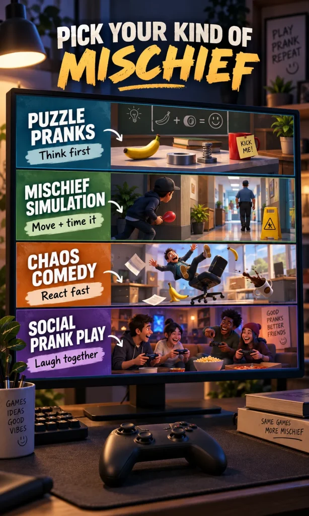 A vertical comparison shows puzzle pranks, mischief simulation, chaos comedy, and social prank play with concise decision cues.