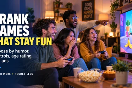 Four friends laugh while playing a colorful prank video game, beside large text advising readers to choose by humor, controls, age rating, and ads.