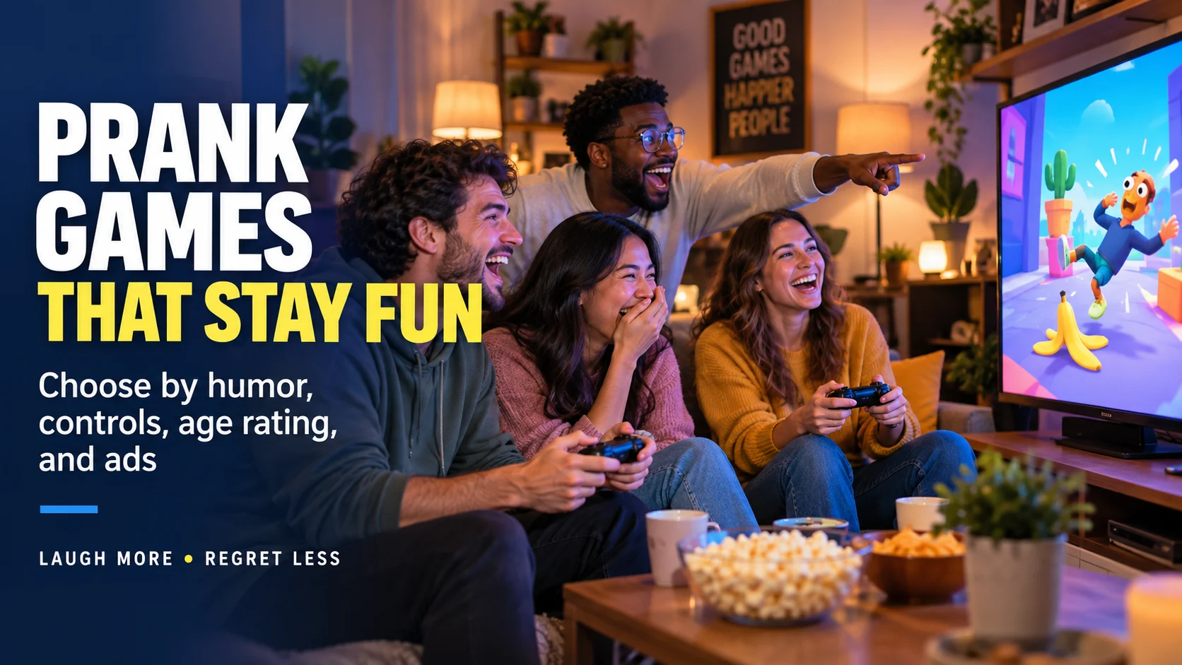 Four friends laugh while playing a colorful prank video game, beside large text advising readers to choose by humor, controls, age rating, and ads.