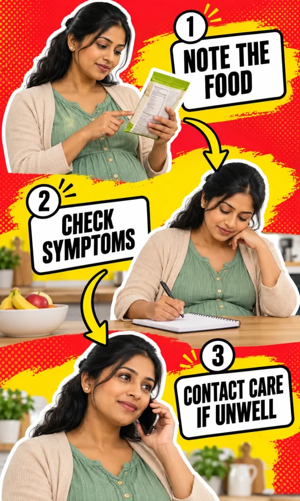 Three steps after a pregnancy food exposure: note the food and date, watch for symptoms, and contact maternity care if unwell.