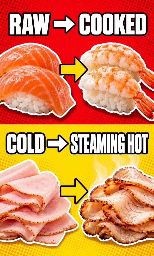 Pregnancy food preparation comparison showing raw sushi and cold deli meat changed to cooked sushi and steaming hot deli meat.