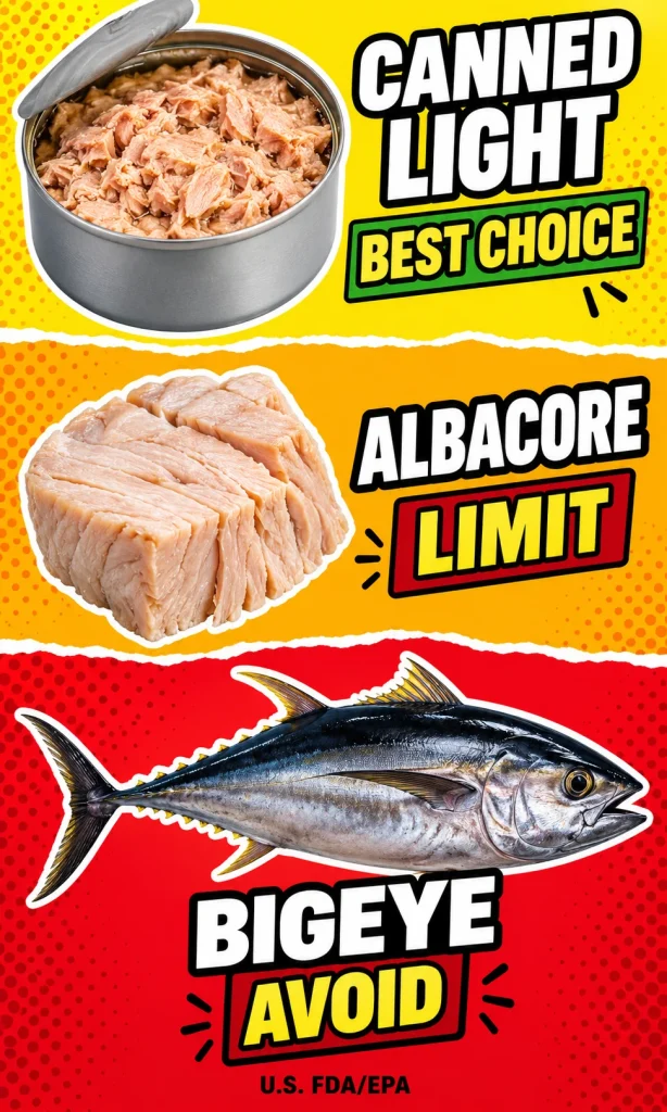Three tuna types in pregnancy: canned light as best choice, albacore as good choice with limit, and bigeye to avoid under U.S. guidance.