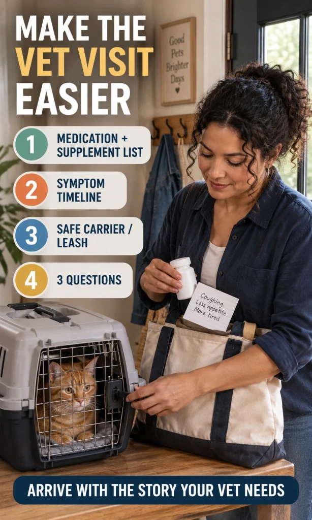 Pet owner preparing for a veterinary appointment with a medication list, symptom timeline, safe cat carrier, and questions for the veterinarian
