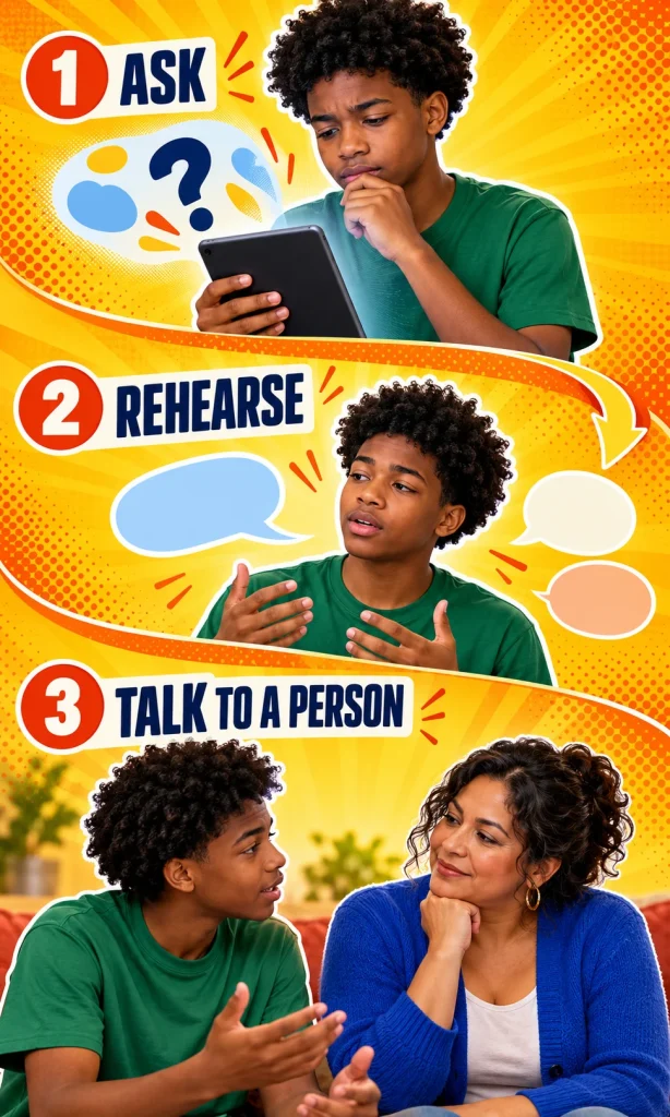 Three-step flow showing a private question, a checked rehearsal, and a conversation with a trusted adult.