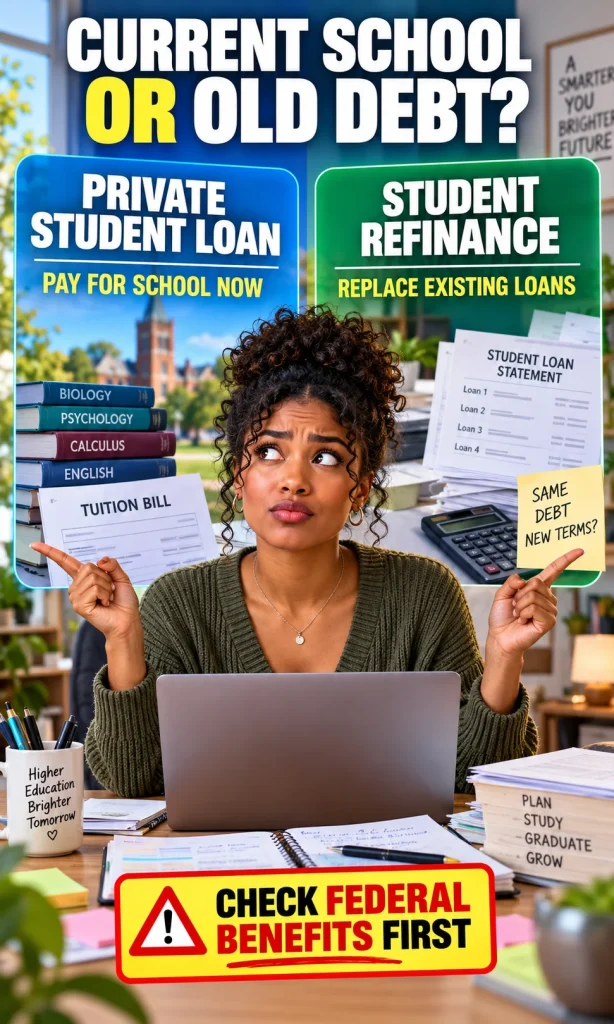 Student comparing a private student loan for current tuition with student-loan refinancing for existing education debt.
