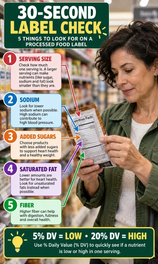 Middle-aged woman reading a packaged food Nutrition Facts panel in a grocery aisle with numbered arrows to serving size, sodium, added sugars, saturated fat and fiber.