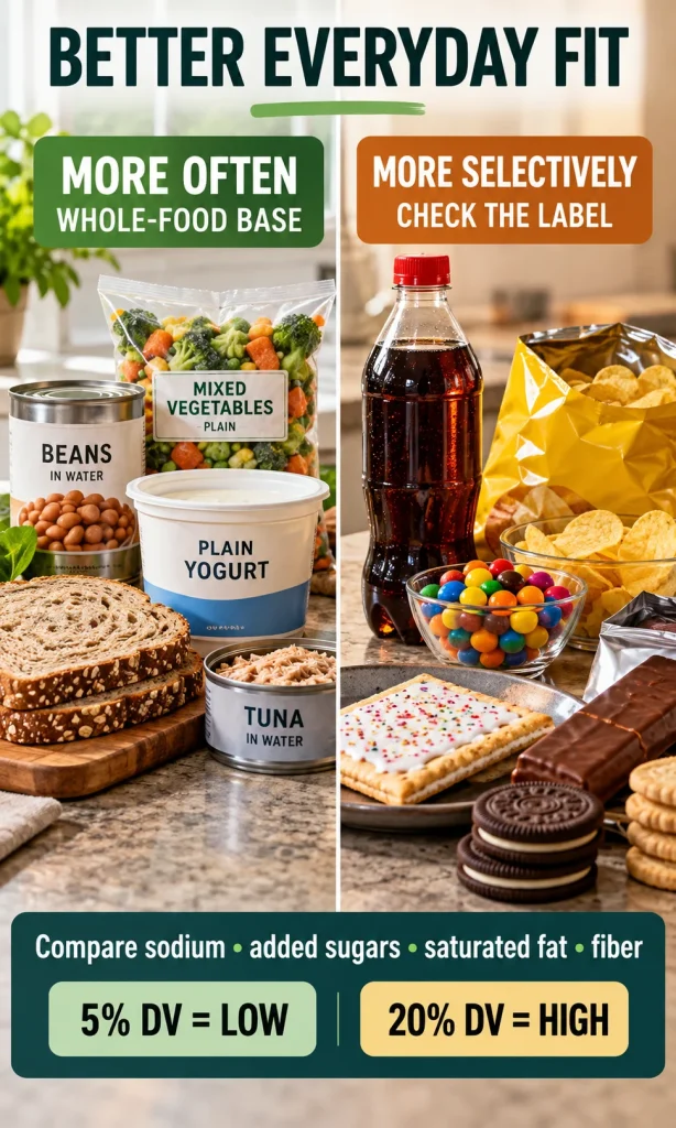 Split comparison of canned beans, frozen vegetables, plain yogurt, whole-grain bread and tuna versus sugary drinks, chips and sweets, with label-reading guidance.
