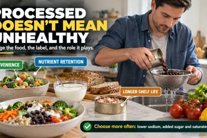 Man rinsing canned black beans beside frozen vegetables, yogurt, whole-grain bread and fresh produce, with labels showing convenience, nutrient retention and longer shelf life.