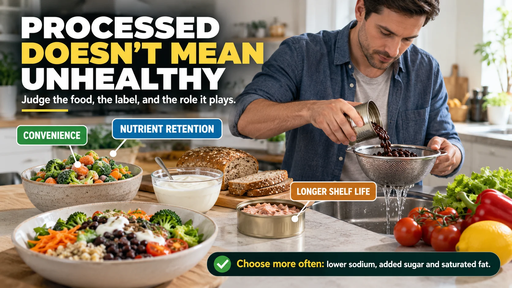 Man rinsing canned black beans beside frozen vegetables, yogurt, whole-grain bread and fresh produce, with labels showing convenience, nutrient retention and longer shelf life.