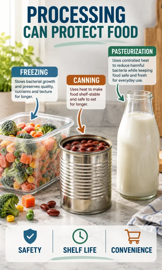 Frozen vegetables, canned beans and milk shown with arrows explaining freezing, canning and pasteurization as food-safety and shelf-life processes.