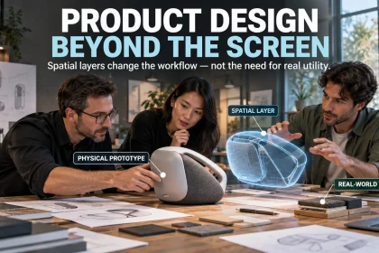 Product designers compare a physical prototype with a spatial 3D model during real-world product testing.