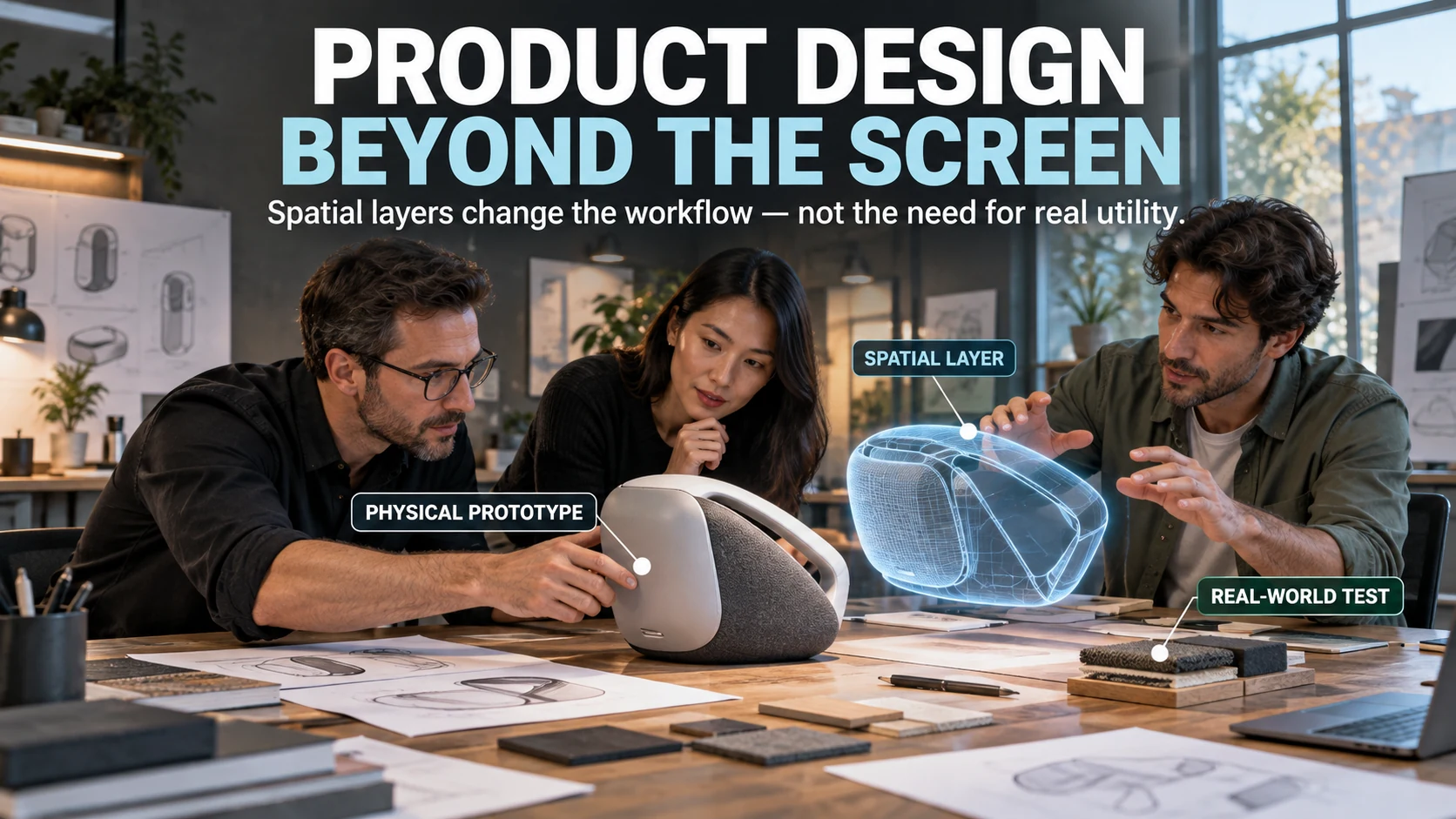 Product designers compare a physical prototype with a spatial 3D model during real-world product testing.