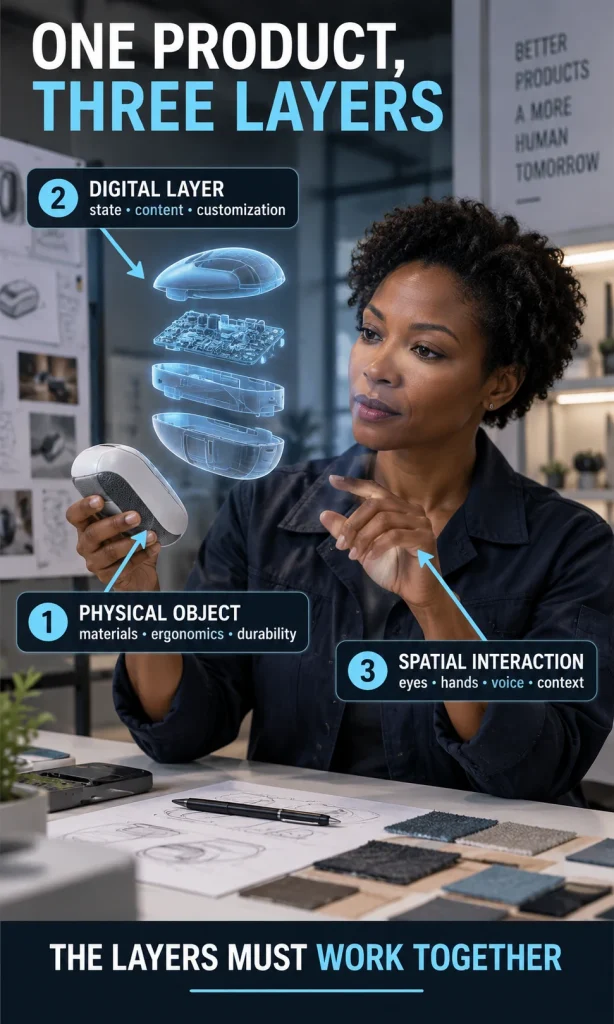 Designer compares a physical product with its digital layer and spatial interaction model.