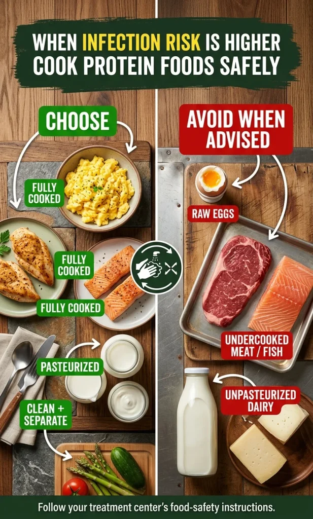Food-safety comparison showing fully cooked eggs, fish and poultry plus pasteurized dairy on the safer side, and raw or undercooked animal foods on the avoid side when a cancer care team advises stricter infection precautions.