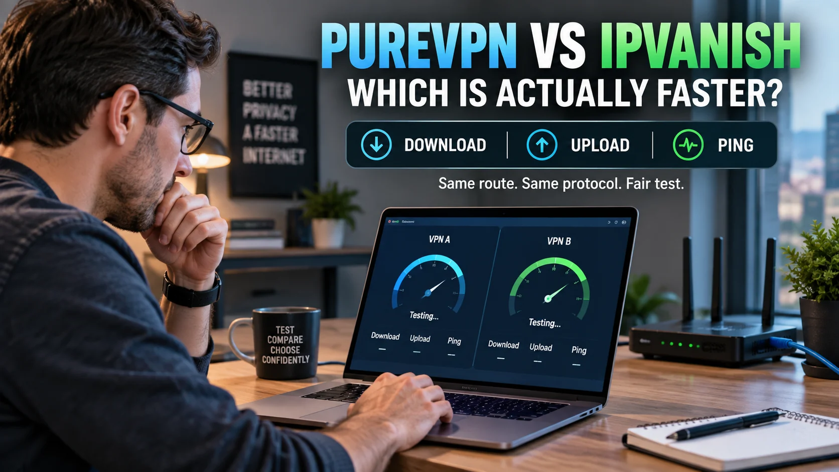 Laptop speed testing scene comparing PureVPN and IPVanish across download, upload and ping with a reminder that route and protocol affect the result.