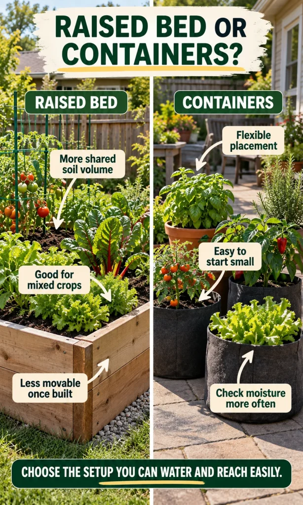 Side-by-side backyard comparison of a raised vegetable bed and vegetable containers, with callouts for shared soil volume, placement flexibility, mobility and moisture-check frequency.