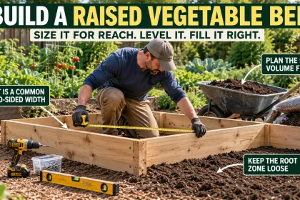 Gardener measuring a wooden raised vegetable bed with a level, soil wheelbarrow, and callouts about bed width, soil volume, and a loose root zone.