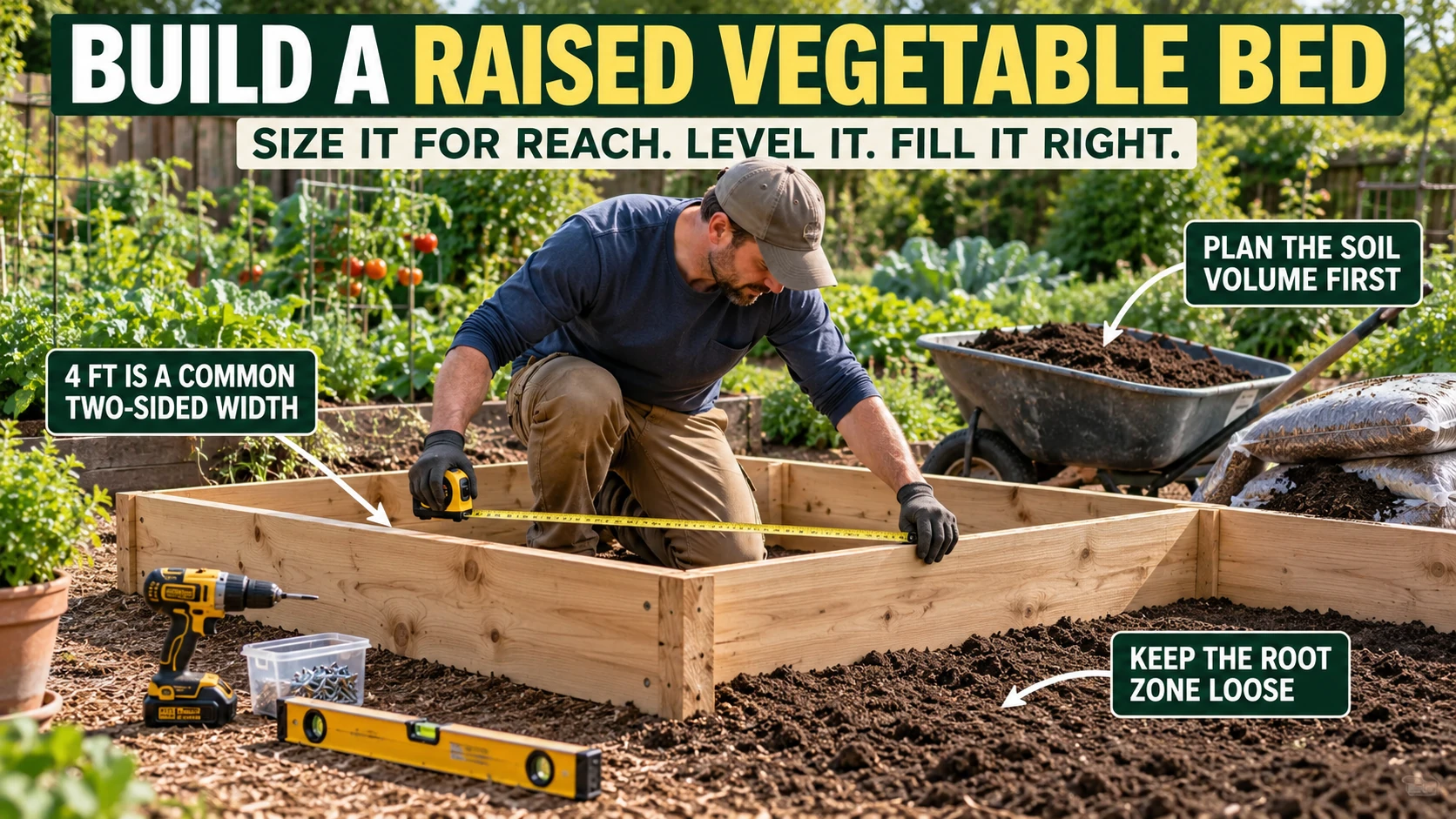 Gardener measuring a wooden raised vegetable bed with a level, soil wheelbarrow, and callouts about bed width, soil volume, and a loose root zone.