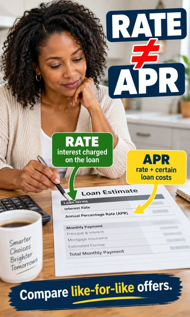 Homeowner reviewing a Loan Estimate showing the difference between mortgage interest rate and APR, with callouts linking each figure to its meaning.