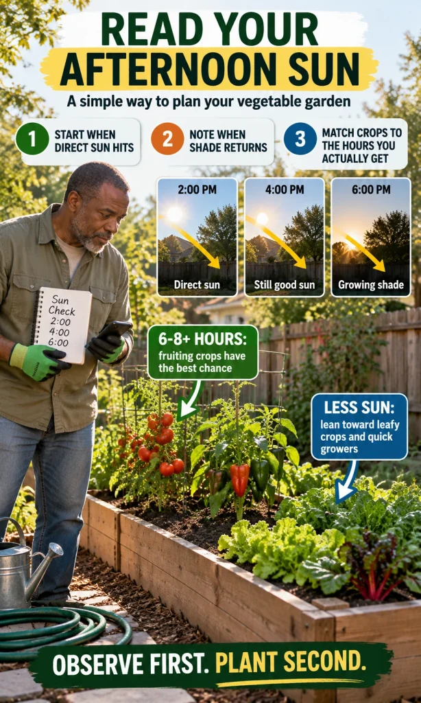 Gardener recording afternoon sunlight at 2 PM, 4 PM and 6 PM beside a raised vegetable bed, with callouts showing stronger sun for fruiting crops and less sun for leafy crops.