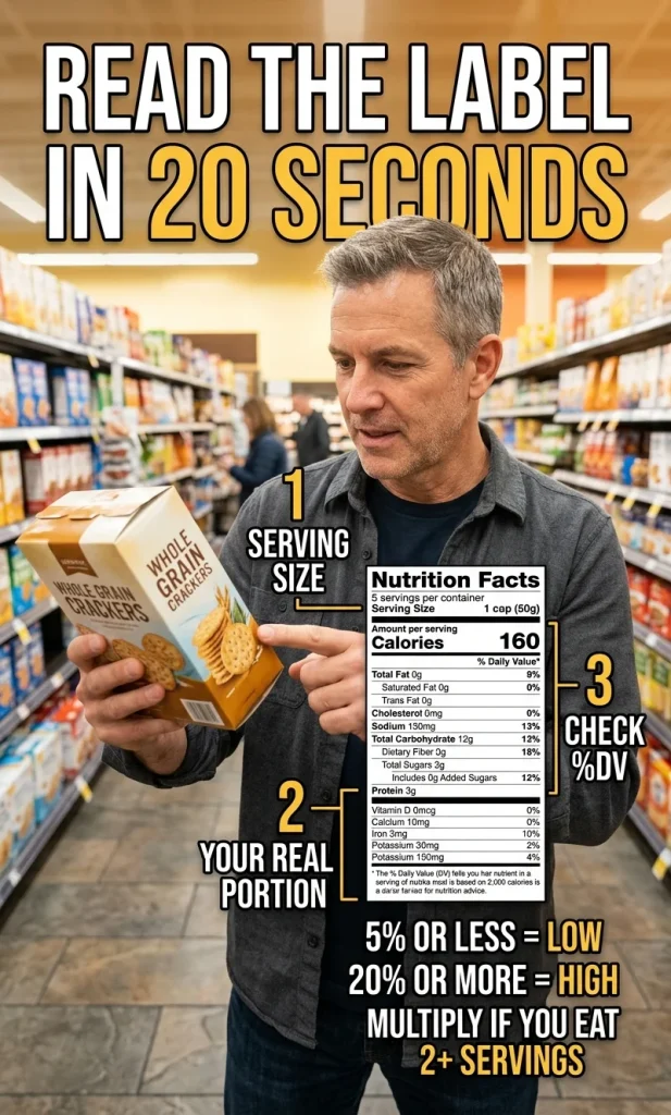 Shopper checking an unbranded Nutrition Facts-style label and multiplying per-serving sodium, added sugar and saturated fat by the number of servings eaten.