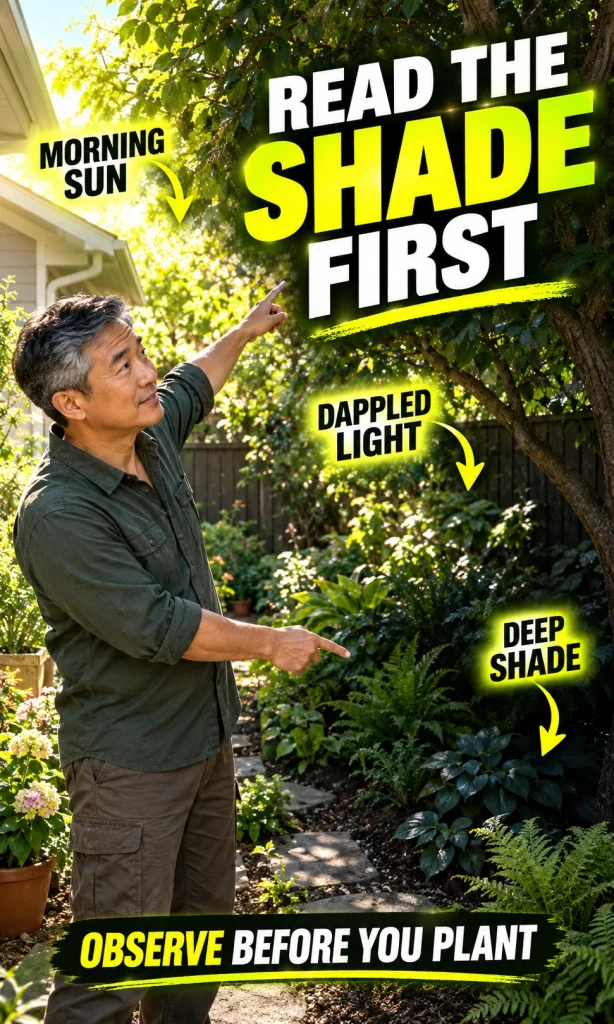 Gardener identifying morning sun, dappled light and deep shade before planting